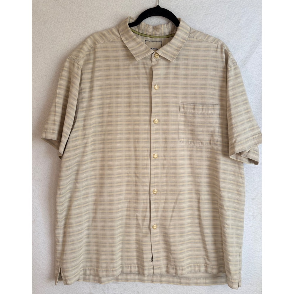 Tommy Bahama Mens XXL Silk Cotton Blend Striped Short Sleeve Camp Shirt‎ Beige
